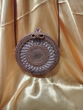 Handwoven Round Rattan Crossbody Bag - Brown